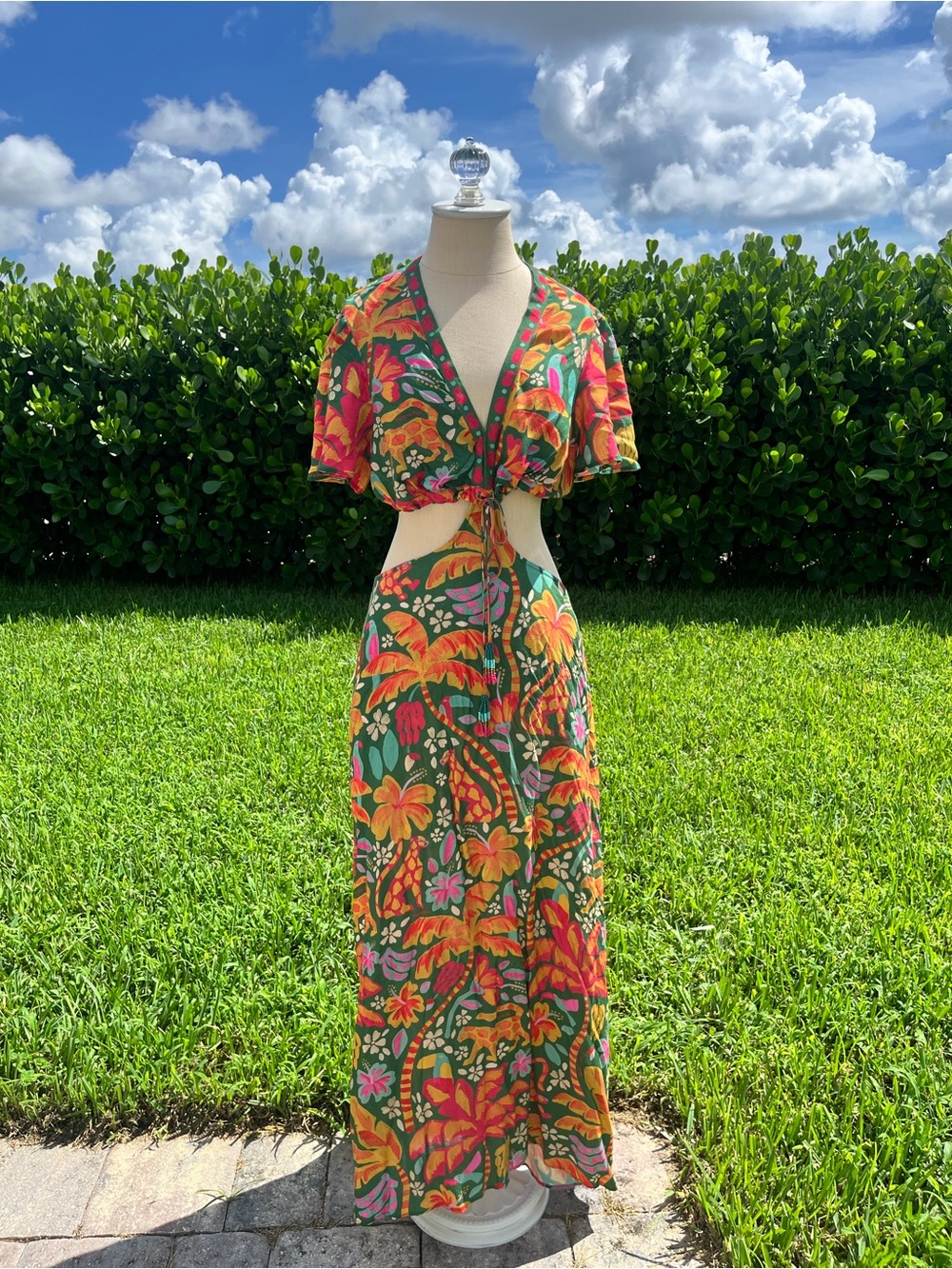 Tropical Floral Cutout Maxi Skirt - Green & Orange Farm Rio M